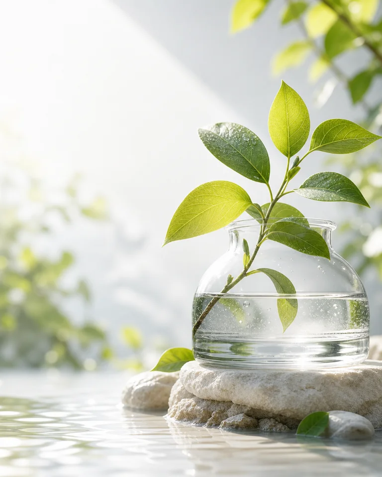 自然光下的绿叶和透明玻璃花瓶